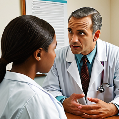 A doctor and a Jehovah's Witness patient in a consultation room. The doctor is explaining bloodless medical options with empathy and respect, while the patient listens attentively. The scene emphasizes open communication and cultural sensitivity.