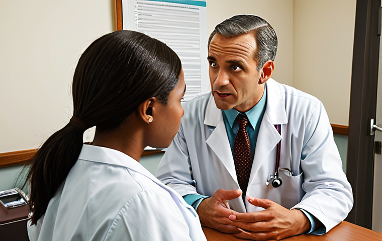 A doctor and a Jehovah's Witness patient in a consultation room. The doctor is explaining bloodless medical options with empathy and respect, while the patient listens attentively. The scene emphasizes open communication and cultural sensitivity.