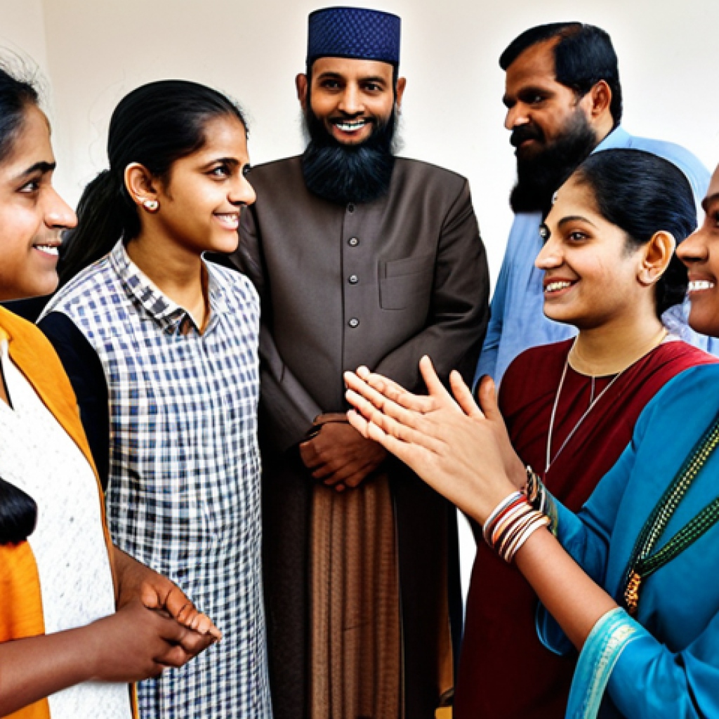 **

"A diverse group of Indian people, fully clothed in modest traditional attire, participating in a peaceful interfaith dialogue, promoting religious harmony and mutual respect, in a community center with diverse religious symbols, safe for work, appropriate content, family-friendly, professional photography, perfect anatomy, natural proportions, well-formed hands, proper finger count, bright and vibrant colors, showcasing unity in diversity."

**