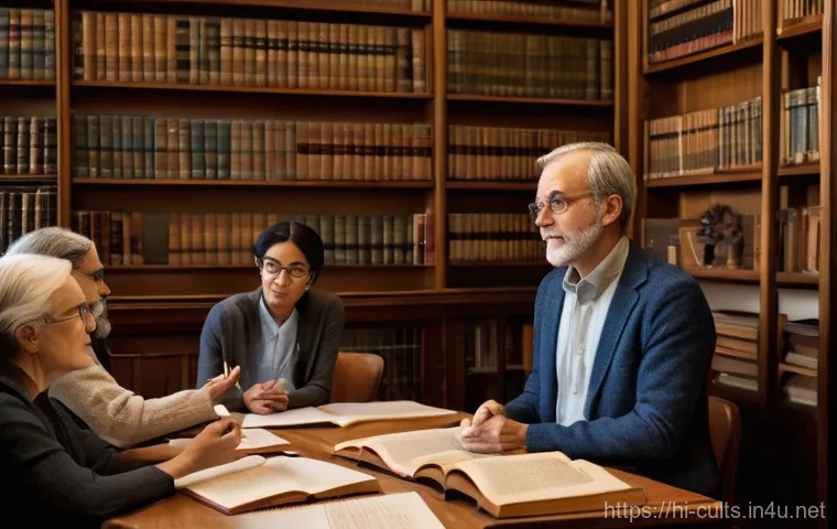 신천지의 조직 구조 - "A warmly lit, inviting study room where diverse adults gather around a large table, listening inten...