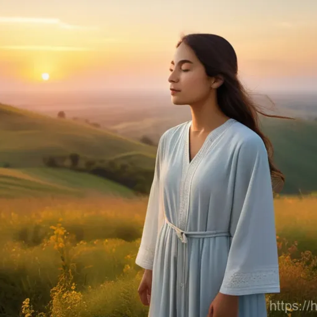 대순진리회의 철학 - A serene and enlightened young adult, gender-neutral, approximately 18-25 years old, stands on a gen...