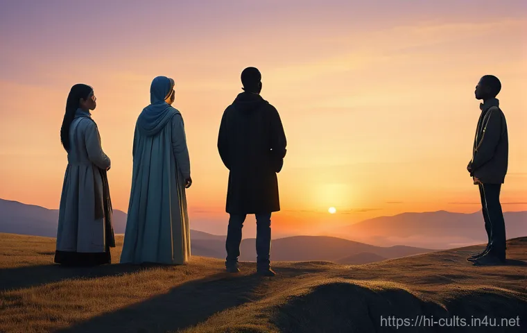 대순진리회의 철학 - A multi-ethnic group of three individuals (two adults and one teenager, all modestly dressed) are en...