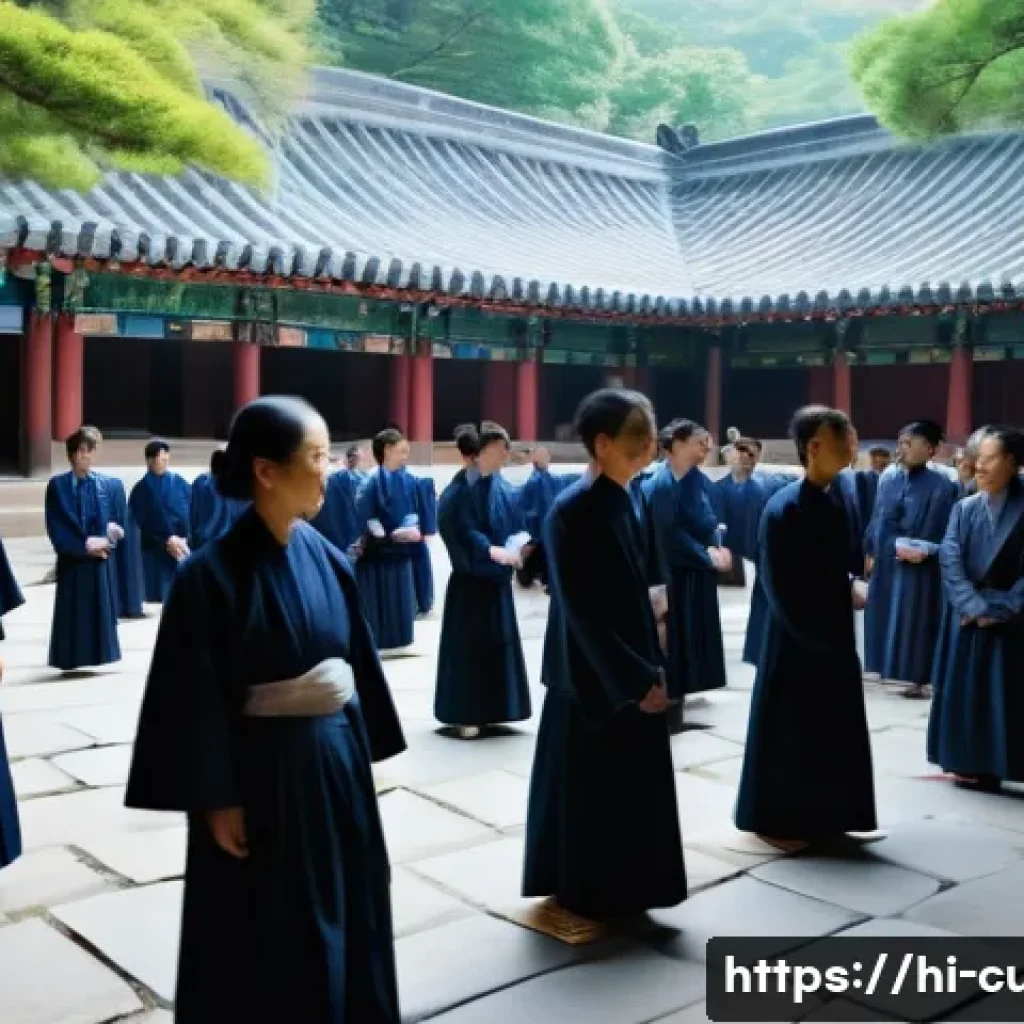 대순진리회의 종교 구조 - A serene spiritual gathering at a traditional Daesoon Jinrihoe temple courtyard during a peaceful pr...