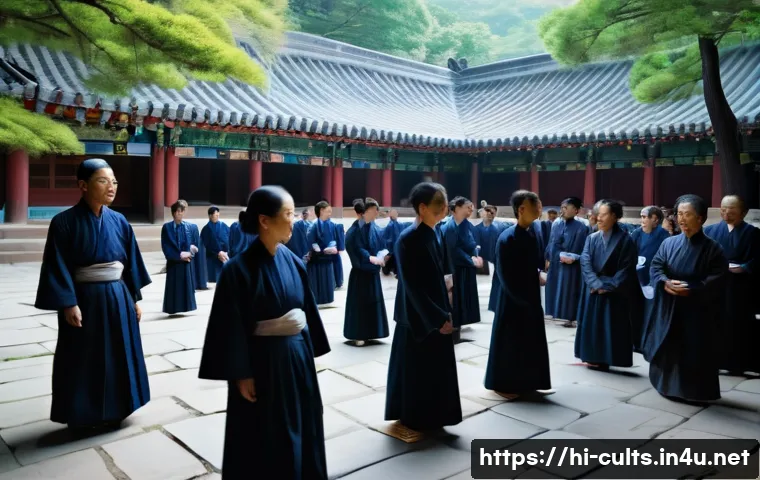 대순진리회의 종교 구조 - A serene spiritual gathering at a traditional Daesoon Jinrihoe temple courtyard during a peaceful pr...
