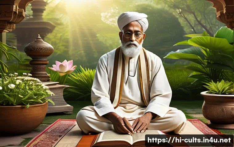 종교와 과학의 갈등 역사 - A serene and detailed scene depicting an ancient Indian scholar in traditional attire, sitting cross...
