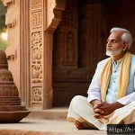 Home 21 종교적 세뇌의 심리학 - A thoughtful middle-aged Indian man sitting in a serene temple courtyard at dawn, wearing traditiona...