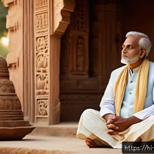 Home 33 종교적 세뇌의 심리학 - A thoughtful middle-aged Indian man sitting in a serene temple courtyard at dawn, wearing traditiona...