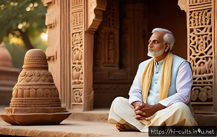 종교적 세뇌의 심리학 - A thoughtful middle-aged Indian man sitting in a serene temple courtyard at dawn, wearing traditiona...