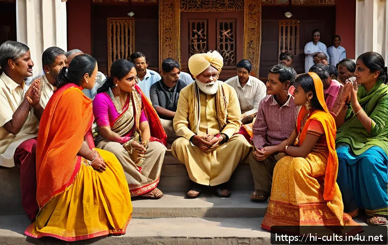 사이비 종교의 경제 체계 - A detailed scene depicting a diverse Indian community gathering in a traditional setting, where peop...