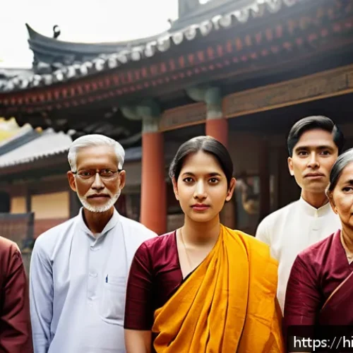 Home 17 신천지 신도들의 심리적 상태 - A detailed scene of a diverse group of Hindi-speaking Shincheonji followers gathered in a serene tem...
