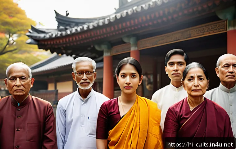 신천지 신도들의 심리적 상태 - A detailed scene of a diverse group of Hindi-speaking Shincheonji followers gathered in a serene tem...
