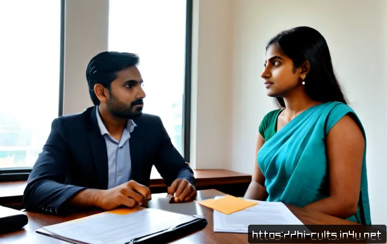 Home 30 사이비 종교와 법적 대응 - Photorealistic Indian family seeking legal help from a compassionate female attorney in a modern law...