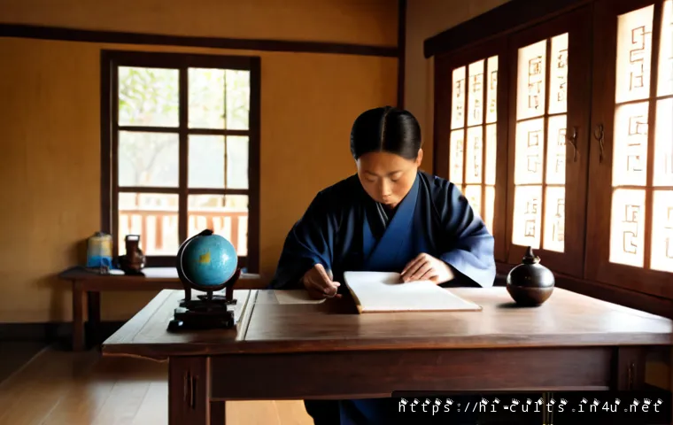 Home 17 대순진리회의 철학적 배경 - Photorealistic contemplative scene of a Korean spiritual philosophy scholar seated at a simple woode...